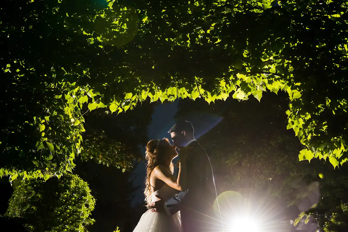 Couple about to kiss under an arch of bright green leaves at night, a light bursting behind them.